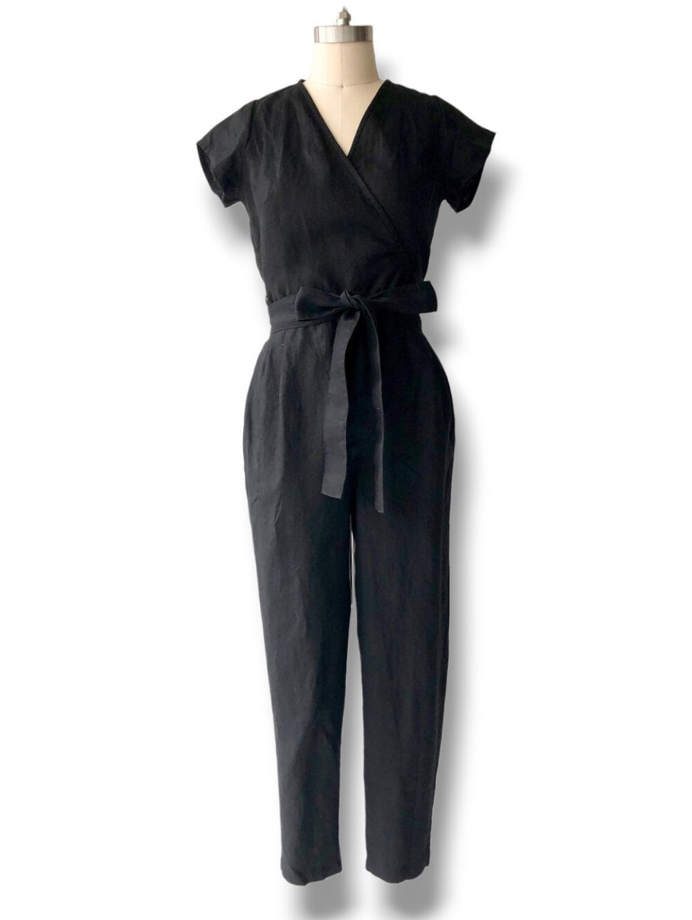 NOT PERFECT LINEN Black Linen Wrap Short Sleeved Jumpsuit